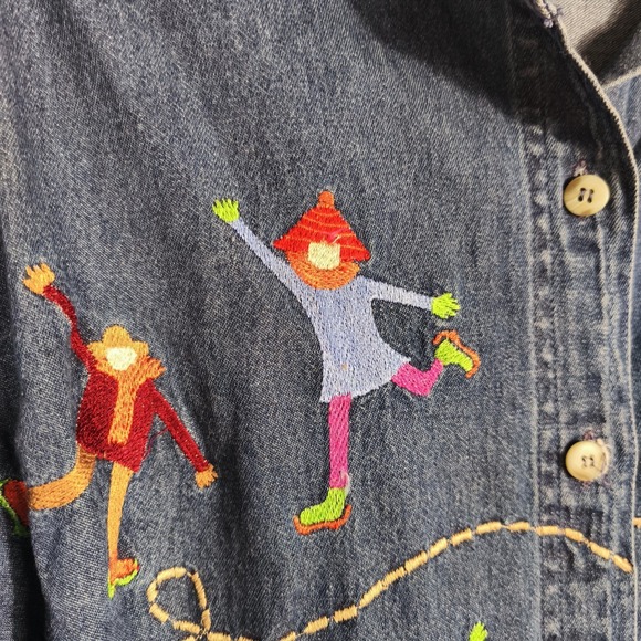 Vintage Style Embroidered Denim Jacket Ice Skating Cottagecore Whimsical Y2K - Picture 2 of 6
